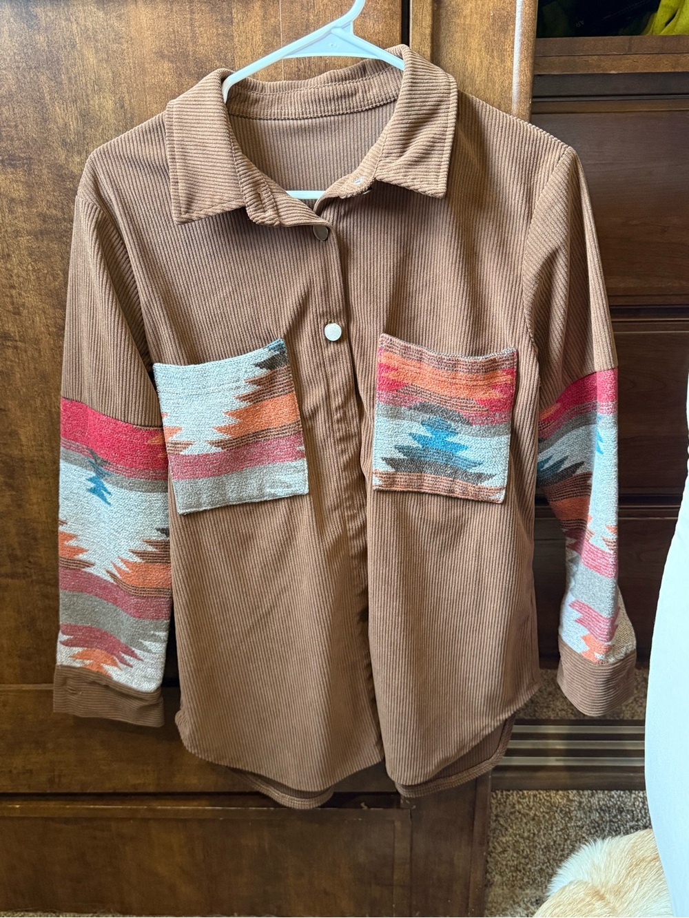 Corduroy Brown Shirt Jacket with Southwestern Pocket and Sleeve Accents
